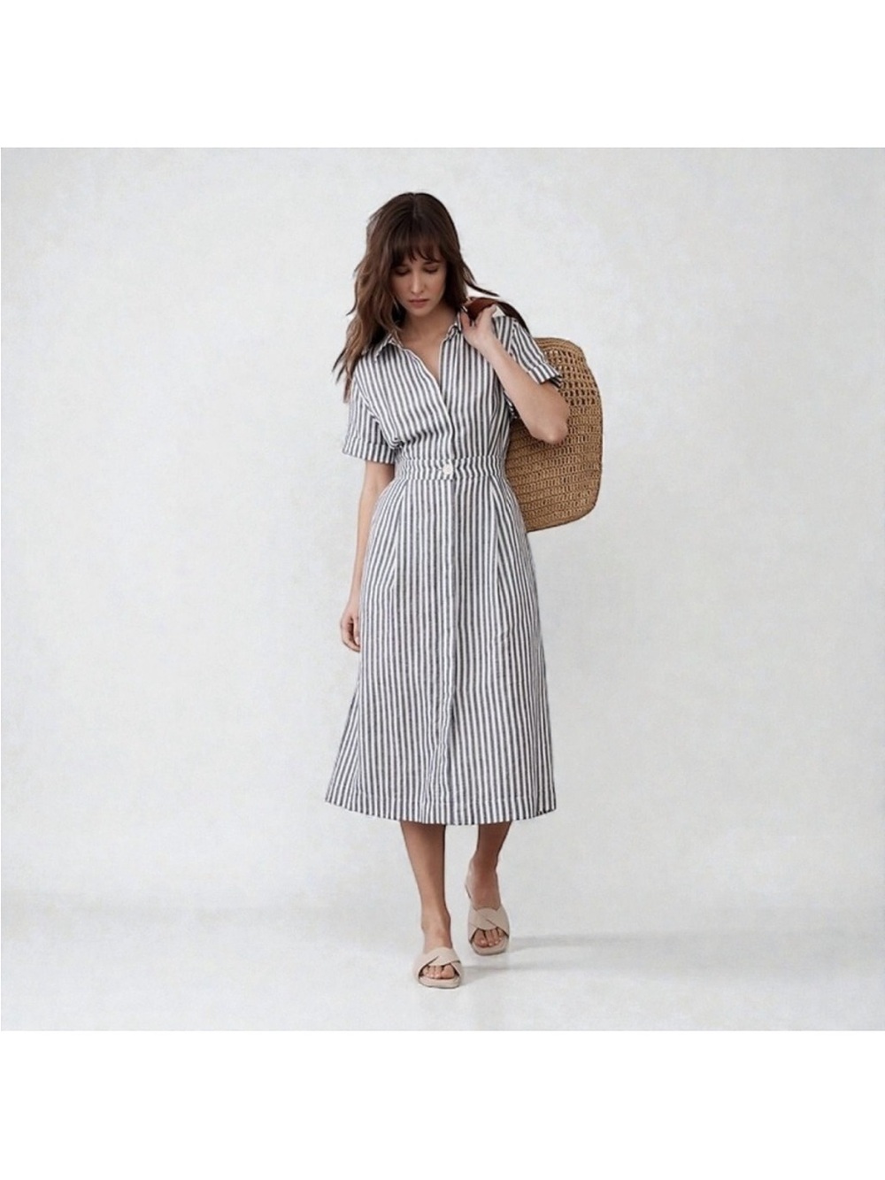 Banana Republic Factory Navy Stripe Linen Blend Midi Shirt Dress